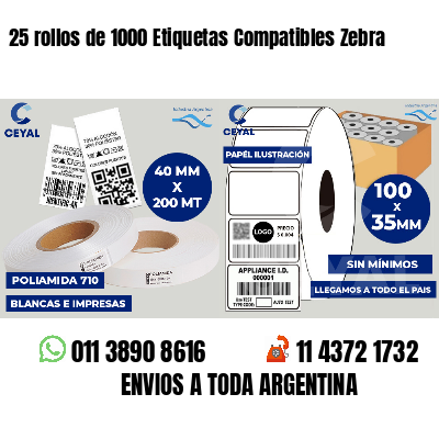 25 rollos de 1000 Etiquetas Compatibles Zebra 
