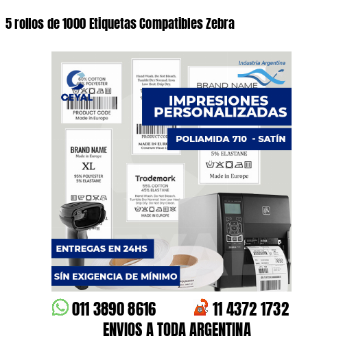 5 rollos de 1000 Etiquetas Compatibles Zebra