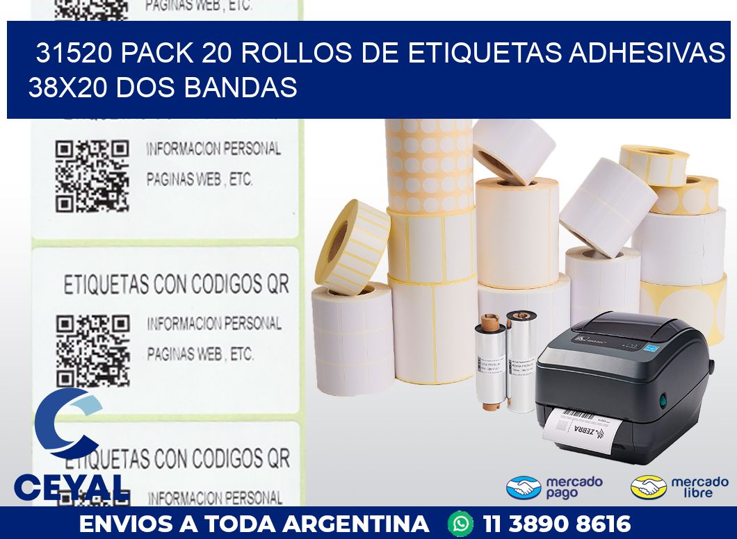 31520 PACK 20 ROLLOS DE ETIQUETAS ADHESIVAS 38X20 DOS BANDAS