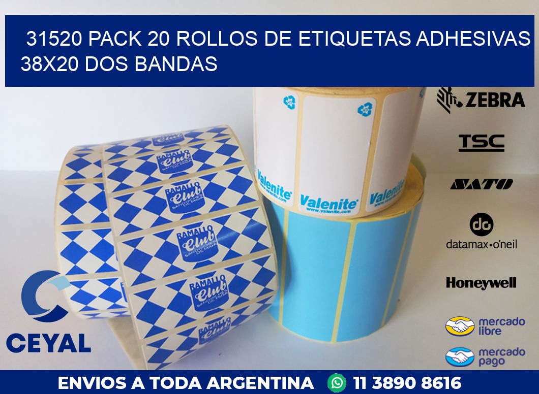 31520 PACK 20 ROLLOS DE ETIQUETAS ADHESIVAS 38X20 DOS BANDAS