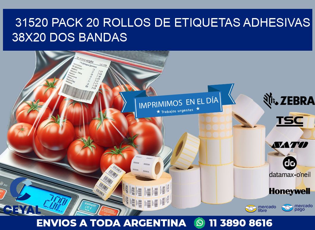 31520 PACK 20 ROLLOS DE ETIQUETAS ADHESIVAS 38X20 DOS BANDAS