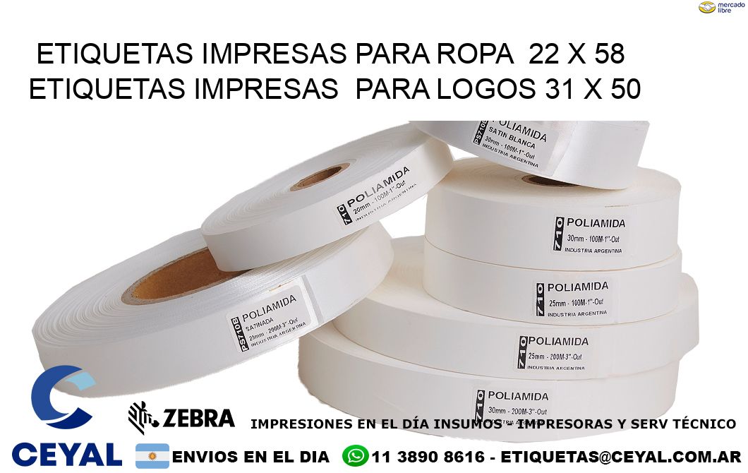 ETIQUETAS IMPRESAS PARA ROPA  22 x 58 ETIQUETAS IMPRESAS  PARA LOGOS 31 x 50