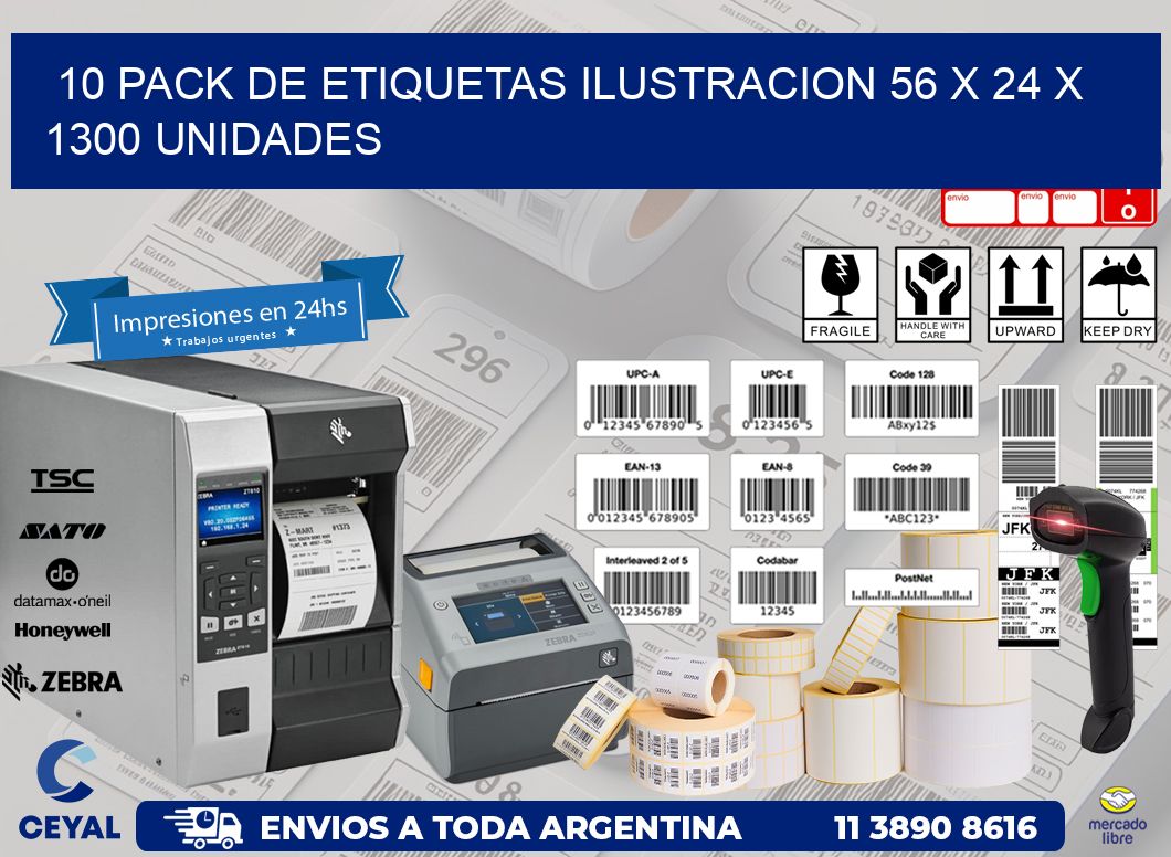 10 PACK DE ETIQUETAS ILUSTRACION 56 x 24 X 1300 UNIDADES