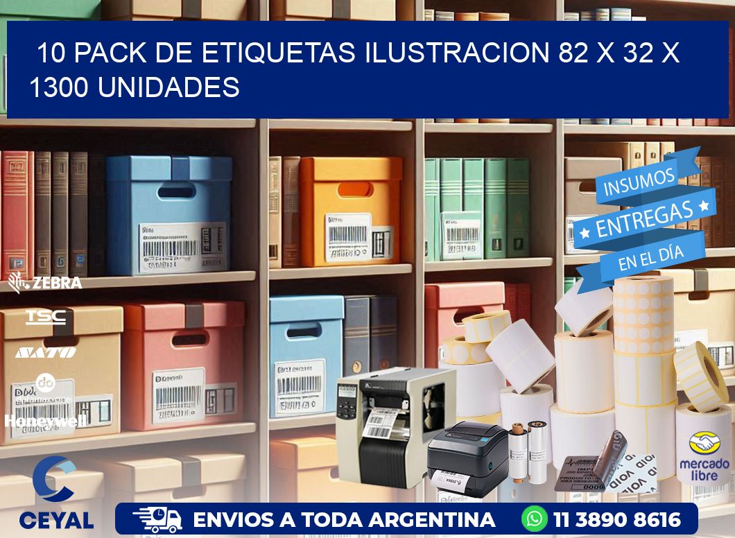 10 PACK DE ETIQUETAS ILUSTRACION 82 x 32 X 1300 UNIDADES