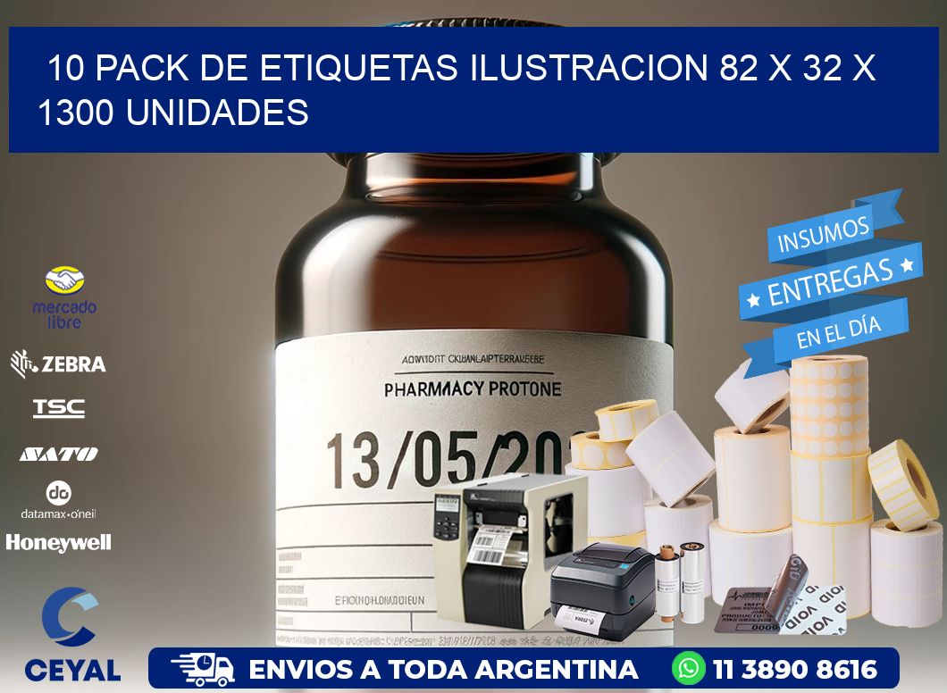 10 PACK DE ETIQUETAS ILUSTRACION 82 x 32 X 1300 UNIDADES