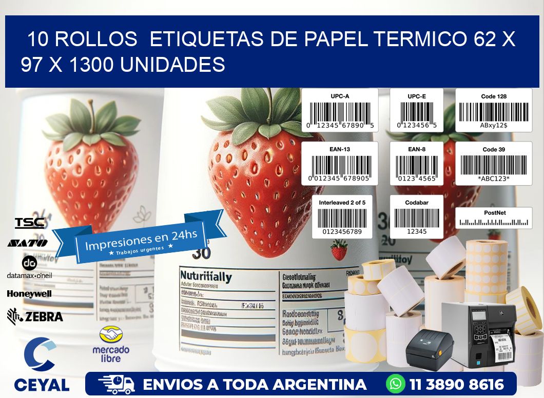 10 ROLLOS  ETIQUETAS DE PAPEL TERMICO 62 x 97 X 1300 UNIDADES