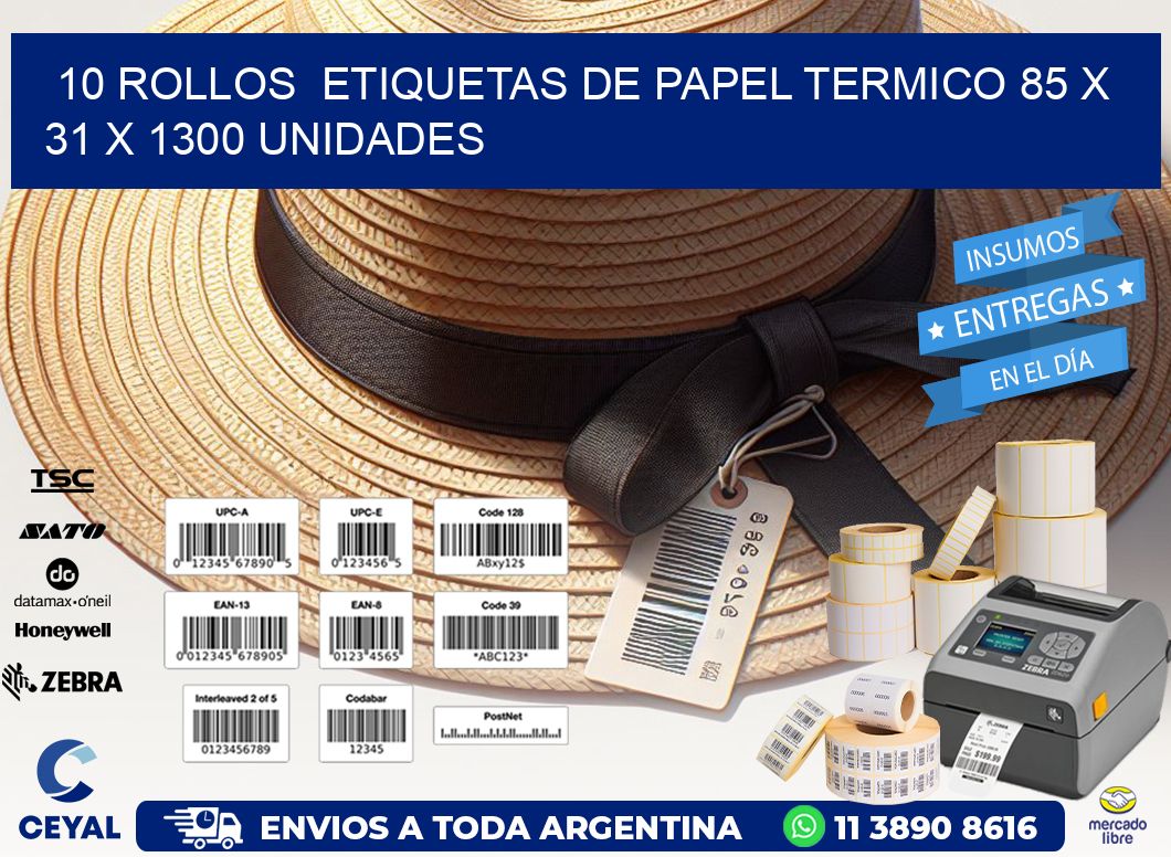 10 ROLLOS  ETIQUETAS DE PAPEL TERMICO 85 x 31 X 1300 UNIDADES