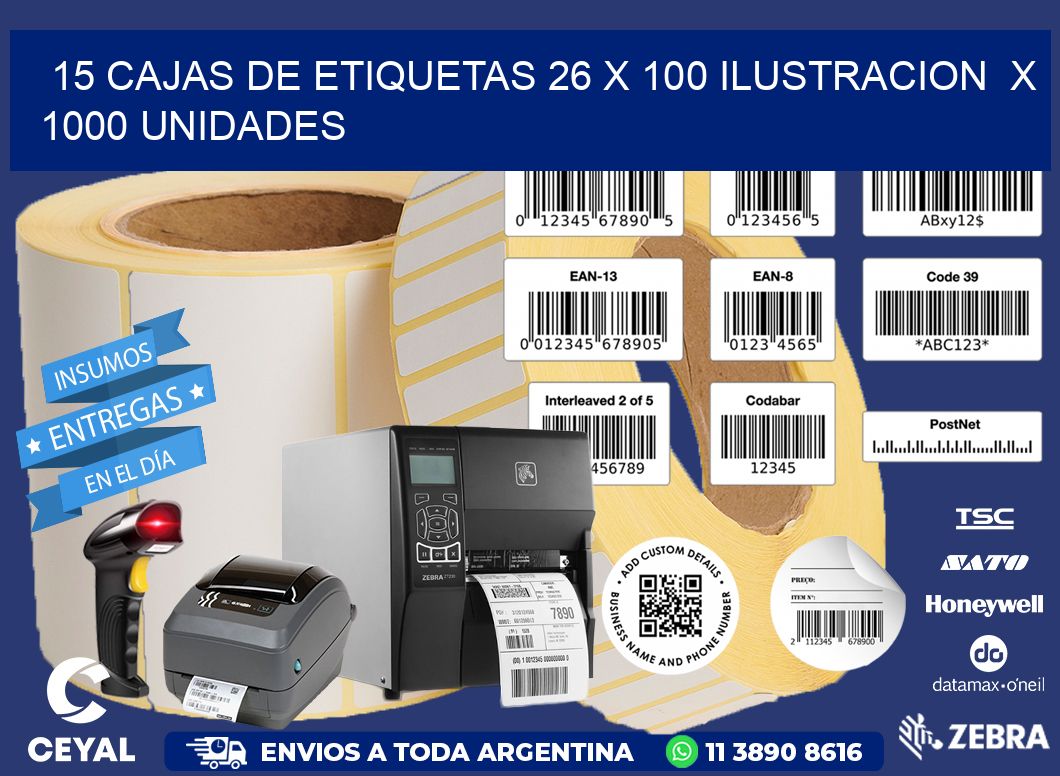 15 CAJAS DE ETIQUETAS 26 x 100 ILUSTRACION  X 1000 UNIDADES