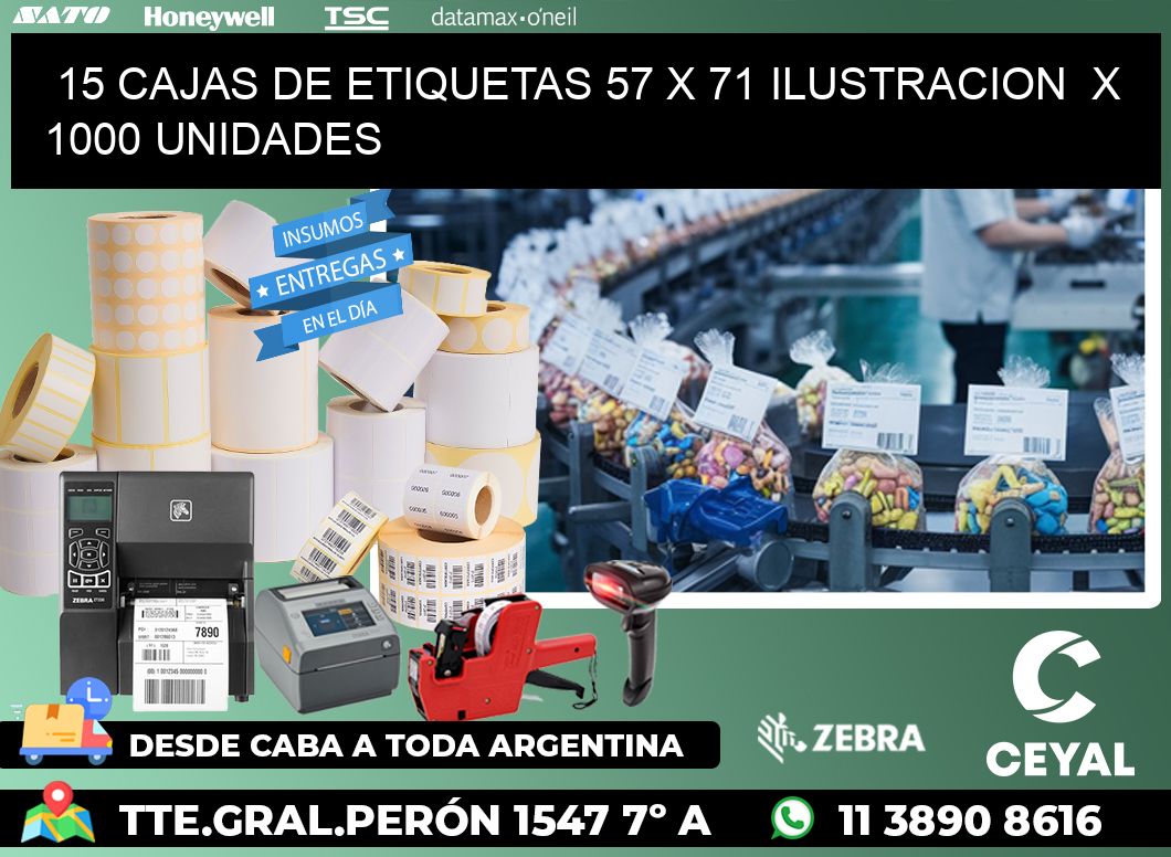 15 CAJAS DE ETIQUETAS 57 x 71 ILUSTRACION  X 1000 UNIDADES