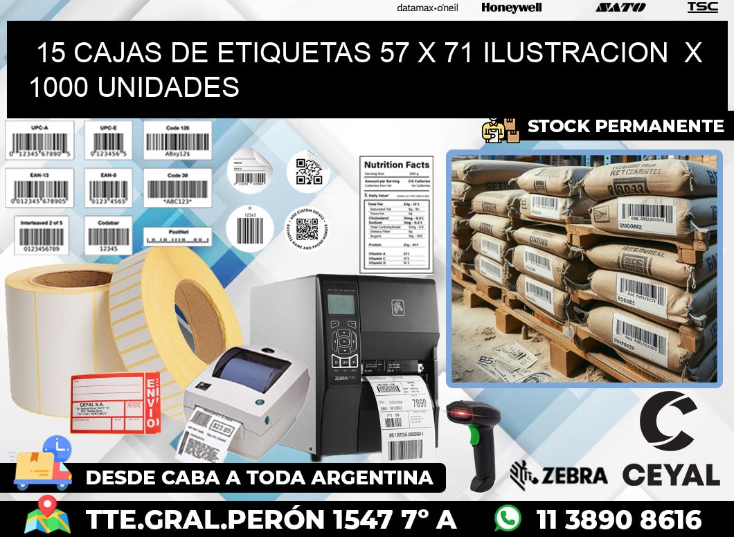 15 CAJAS DE ETIQUETAS 57 x 71 ILUSTRACION  X 1000 UNIDADES