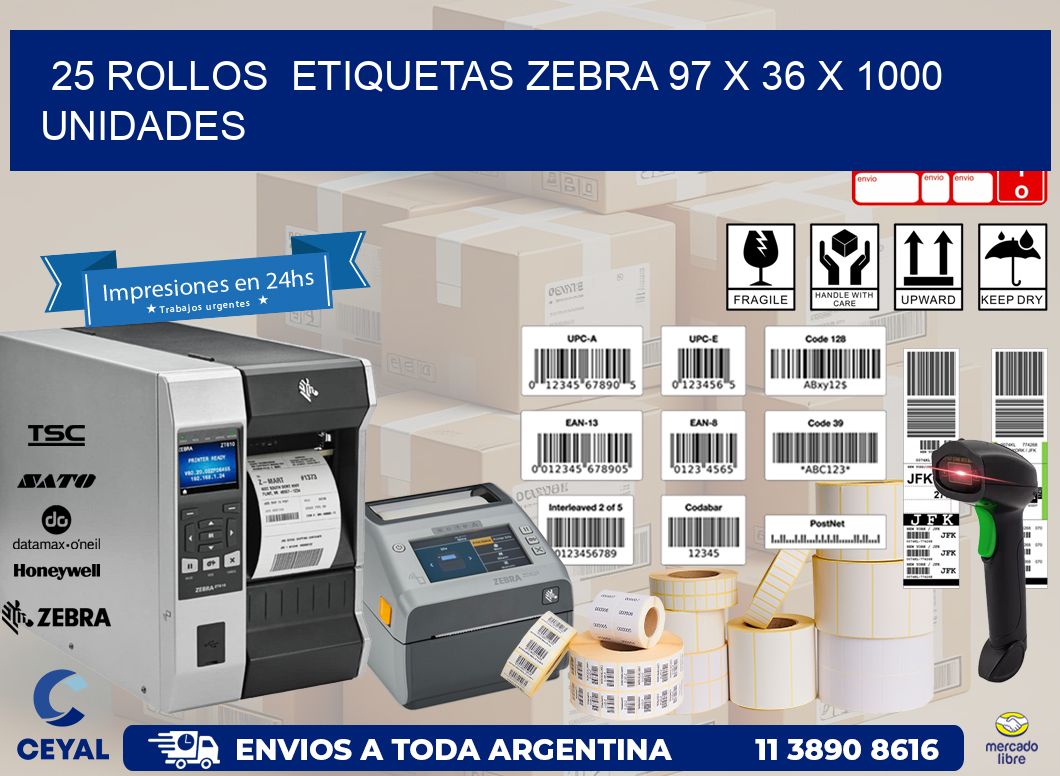 25 ROLLOS  ETIQUETAS ZEBRA 97 x 36 X 1000 UNIDADES