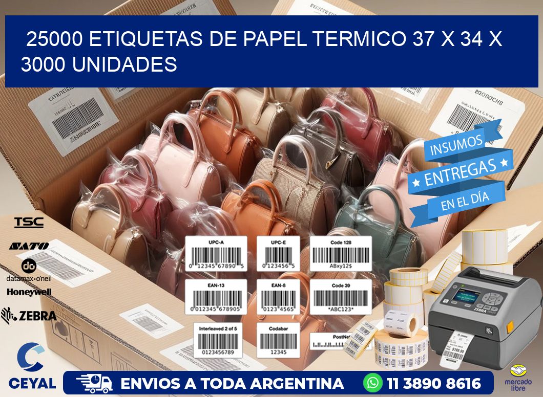 25000 ETIQUETAS DE PAPEL TERMICO 37 x 34 X 3000 UNIDADES