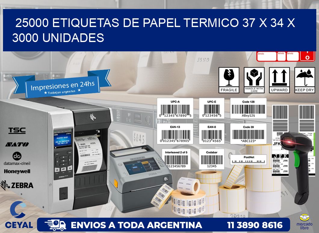 25000 ETIQUETAS DE PAPEL TERMICO 37 x 34 X 3000 UNIDADES