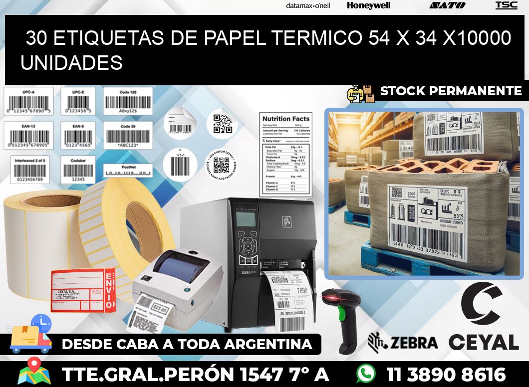 30 ETIQUETAS DE PAPEL TERMICO 54 x 34 X10000 UNIDADES