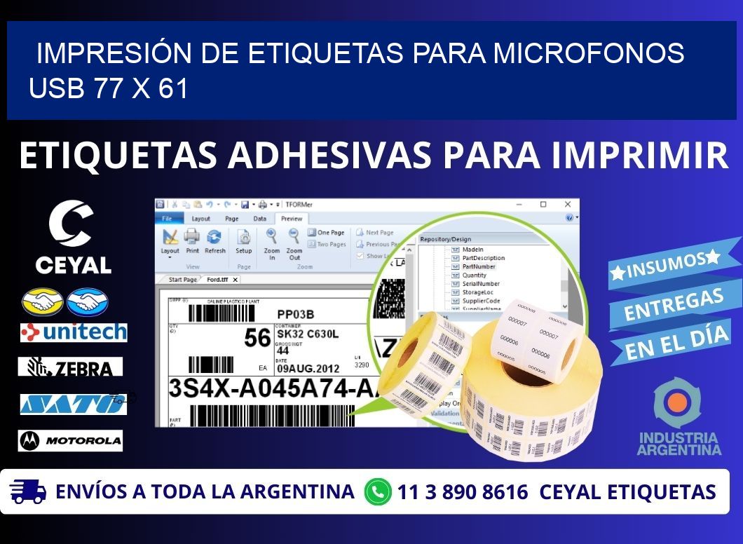 IMPRESIÓN DE ETIQUETAS PARA MICROFONOS USB 77 x 61