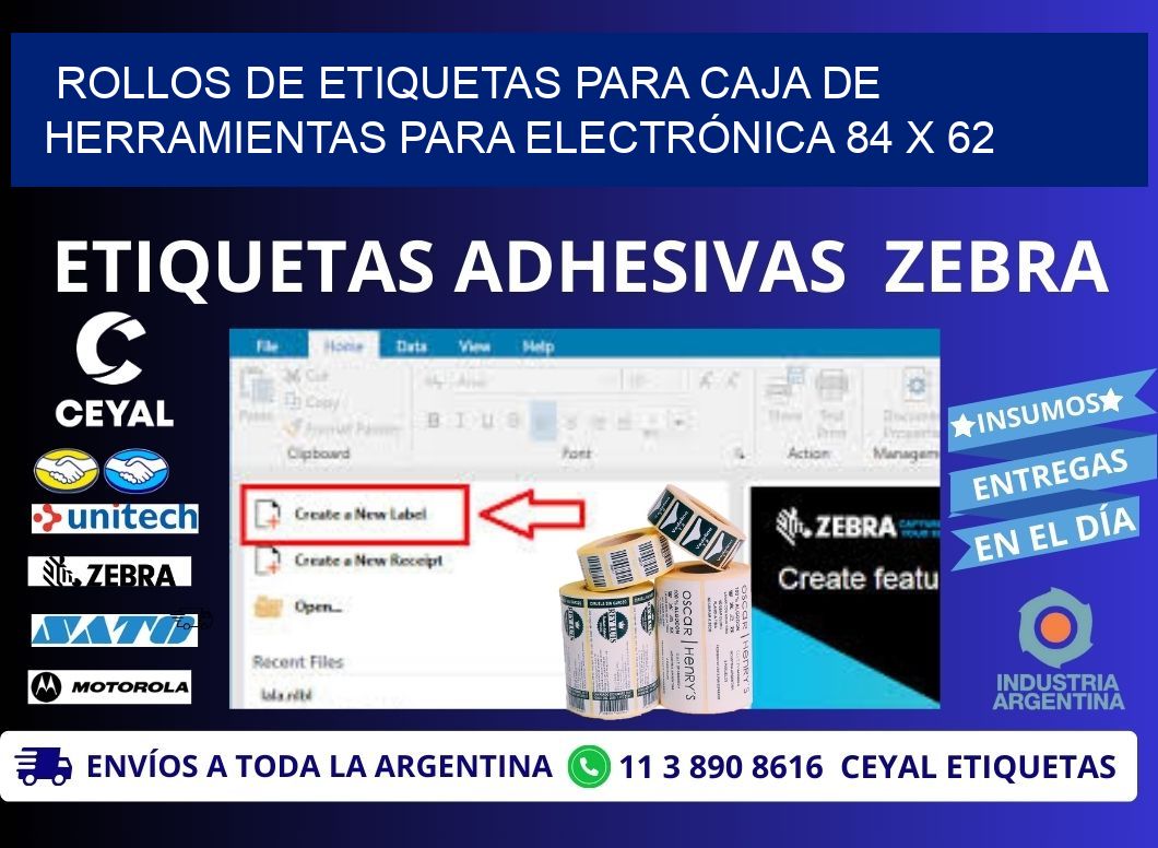 ROLLOS DE ETIQUETAS PARA CAJA DE HERRAMIENTAS PARA ELECTRÓNICA 84 x 62