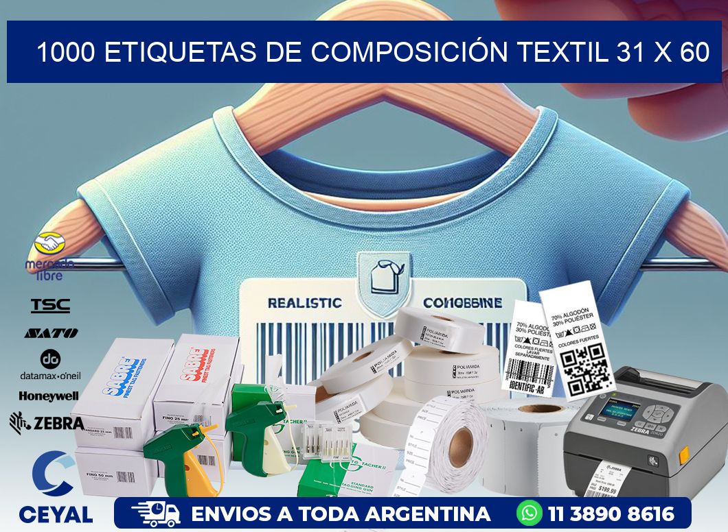 1000 ETIQUETAS DE COMPOSICIÓN TEXTIL 31 x 60