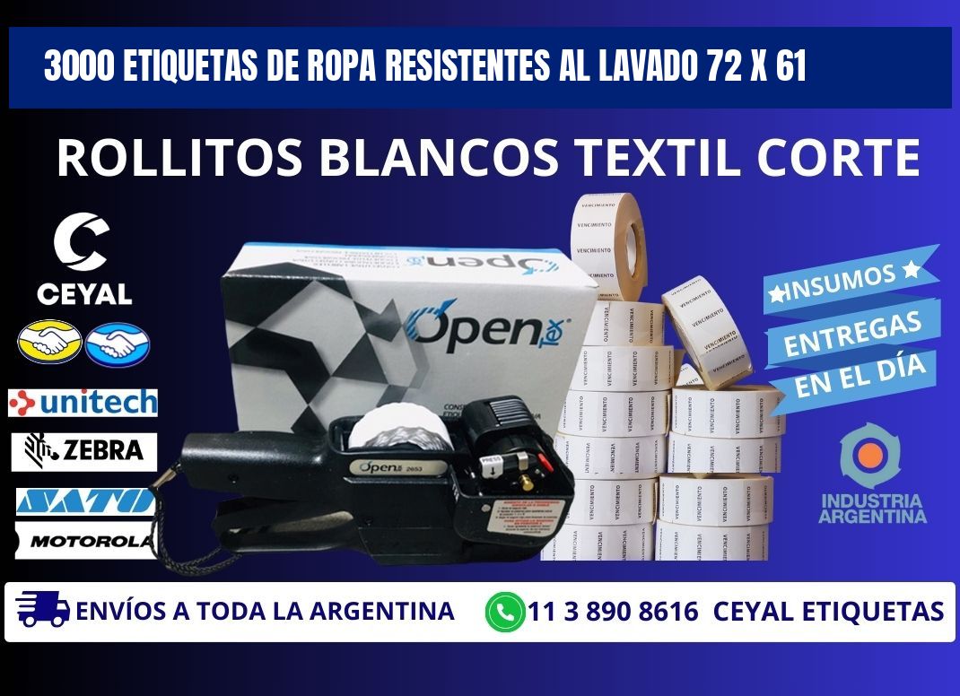 3000 ETIQUETAS DE ROPA RESISTENTES AL LAVADO 72 x 61