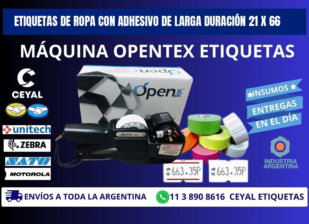 ETIQUETAS DE ROPA CON ADHESIVO DE LARGA DURACIÓN 21 x 66