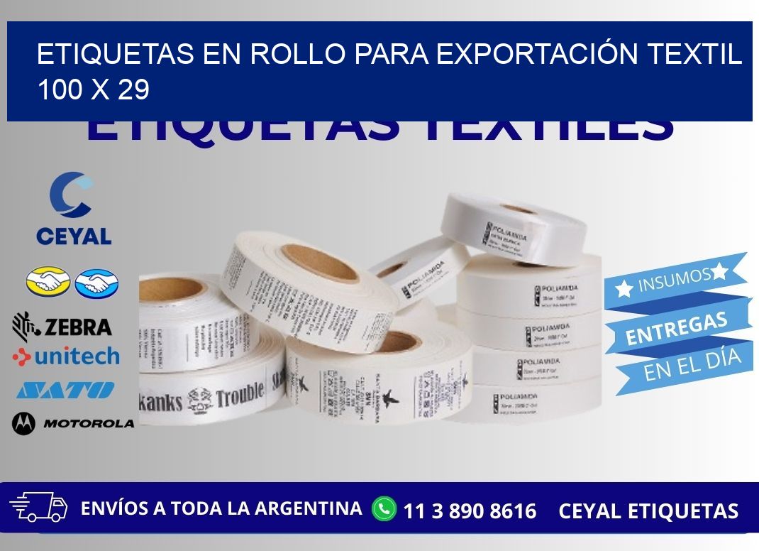 ETIQUETAS EN ROLLO PARA EXPORTACIÓN TEXTIL 100 x 29