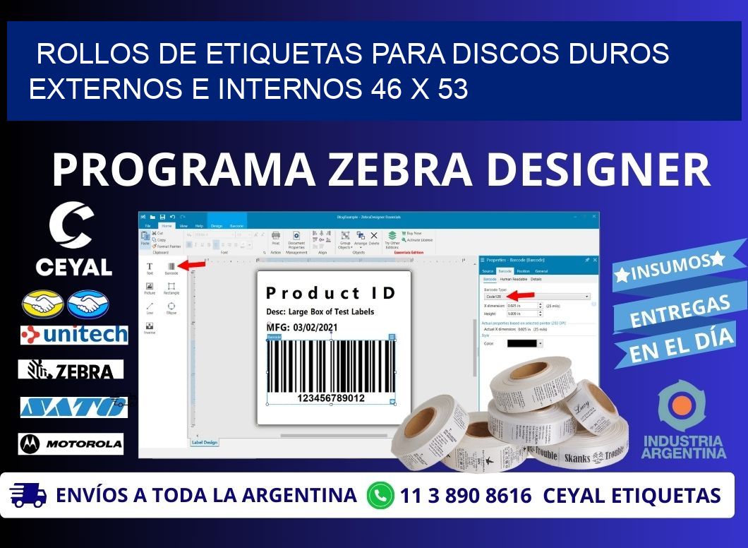ROLLOS DE ETIQUETAS PARA DISCOS DUROS EXTERNOS E INTERNOS 46 x 53
