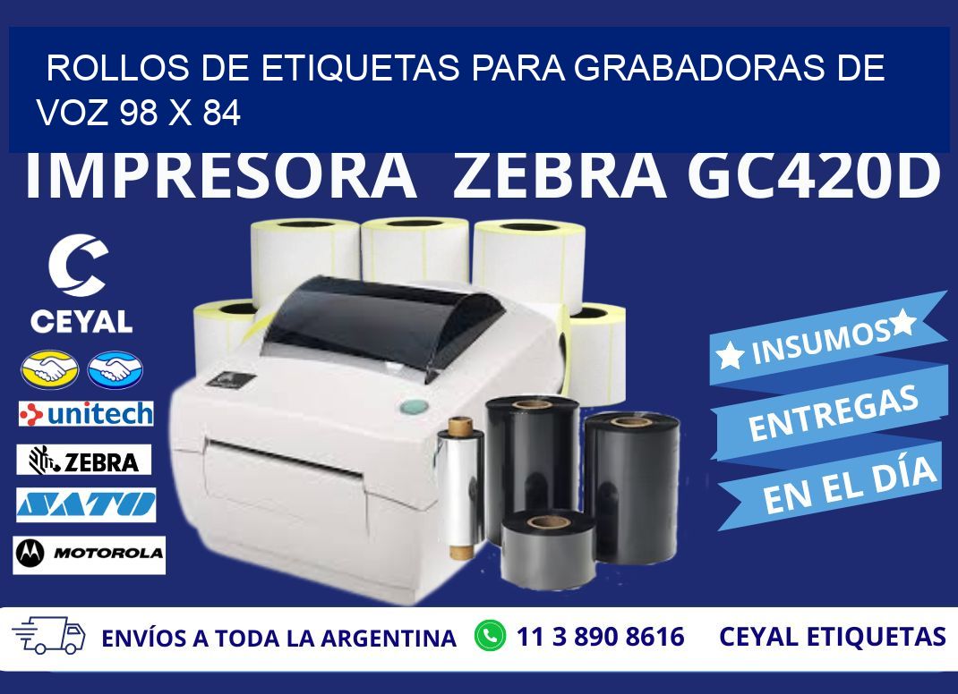 ROLLOS DE ETIQUETAS PARA GRABADORAS DE VOZ 98 x 84