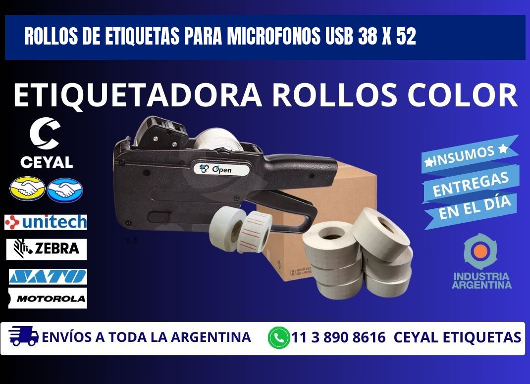 ROLLOS DE ETIQUETAS PARA MICROFONOS USB 38 x 52