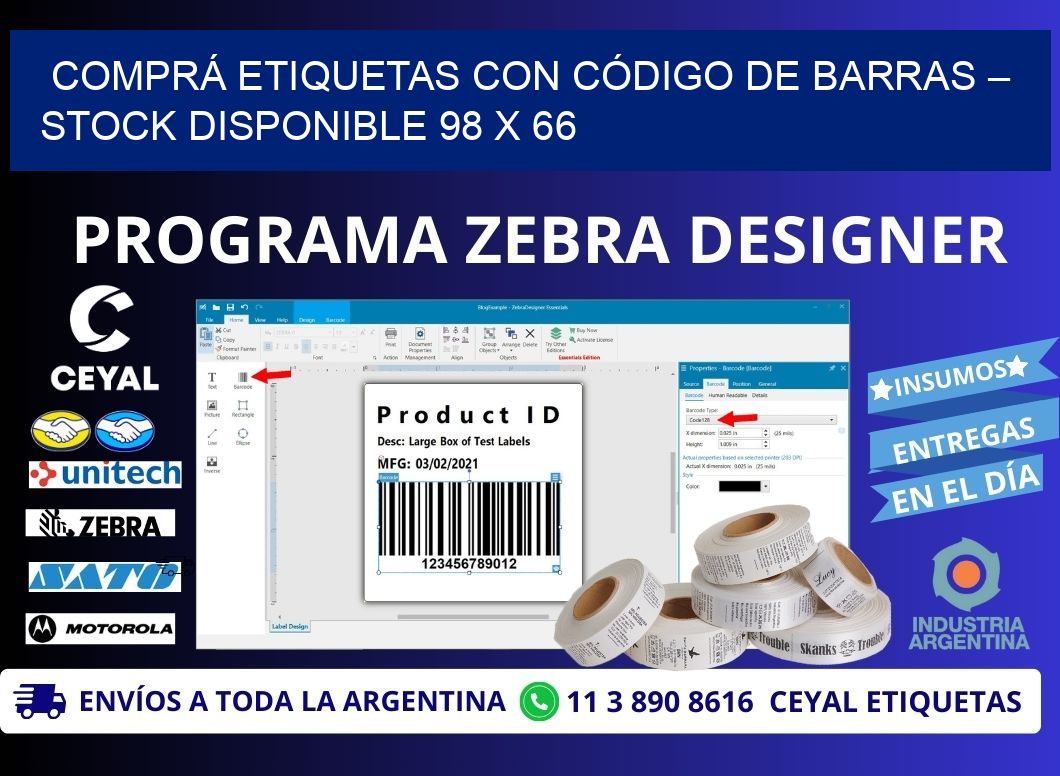 COMPRÁ ETIQUETAS CON CÓDIGO DE BARRAS – STOCK DISPONIBLE 98 x 66