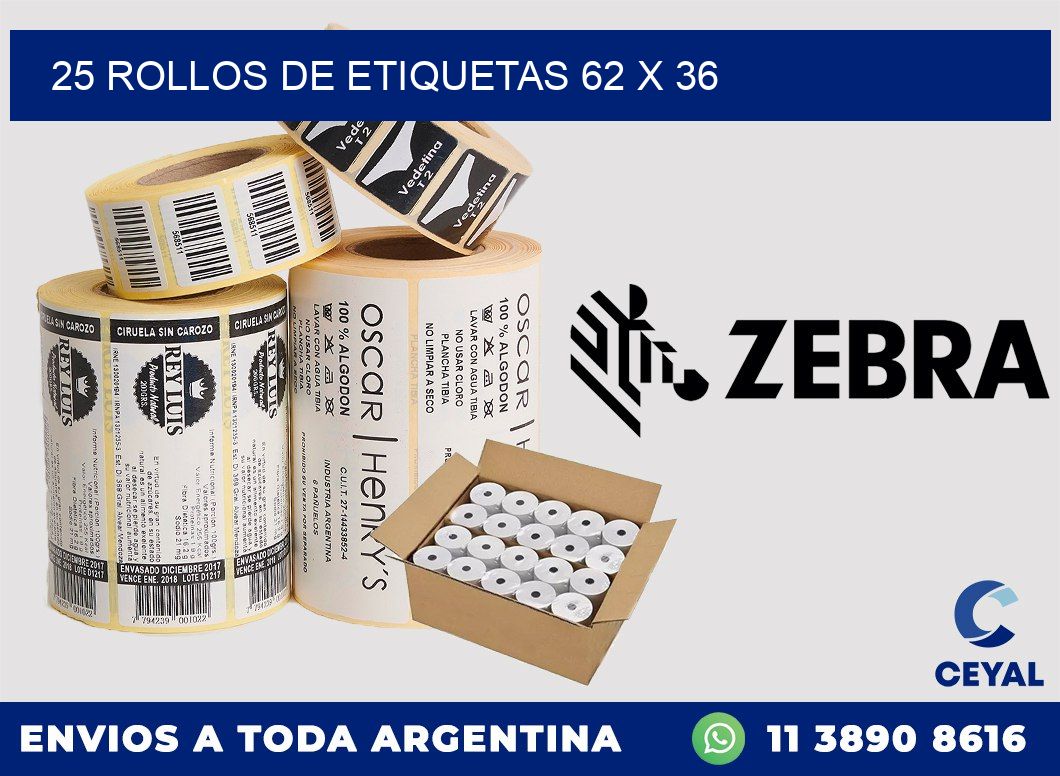 25 ROLLOS DE ETIQUETAS 62 x 36