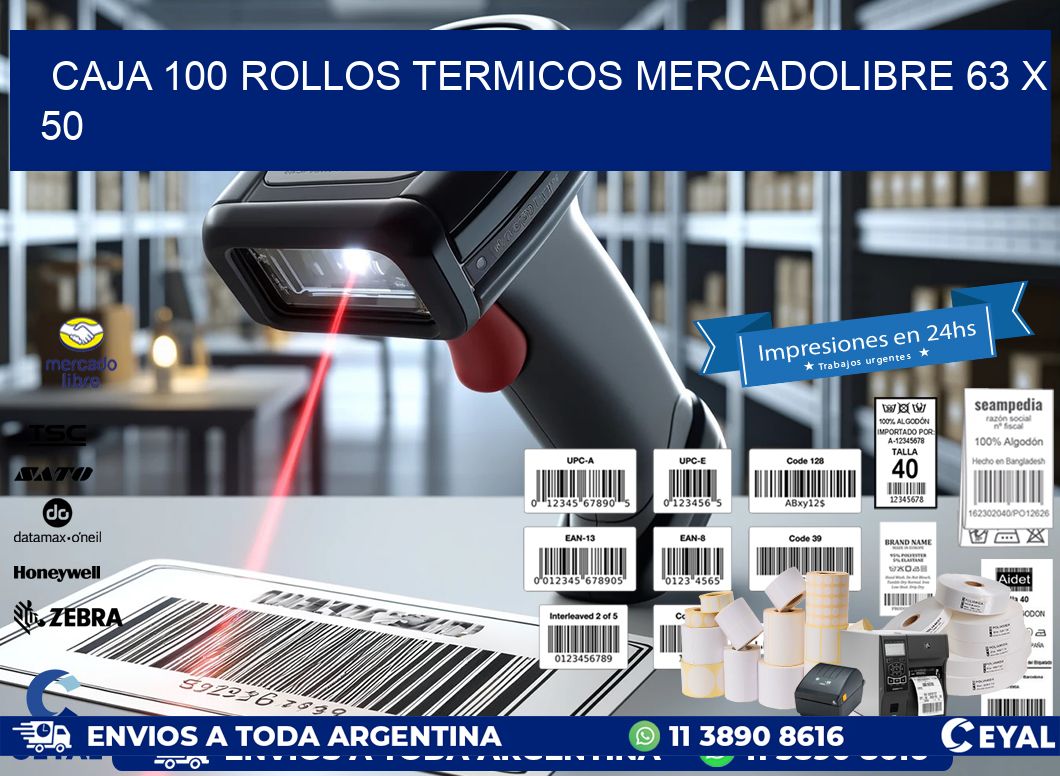 CAJA 100 ROLLOS TERMICOS MERCADOLIBRE 63 x 50