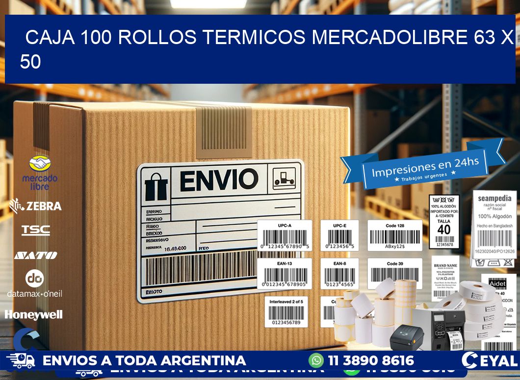 CAJA 100 ROLLOS TERMICOS MERCADOLIBRE 63 x 50