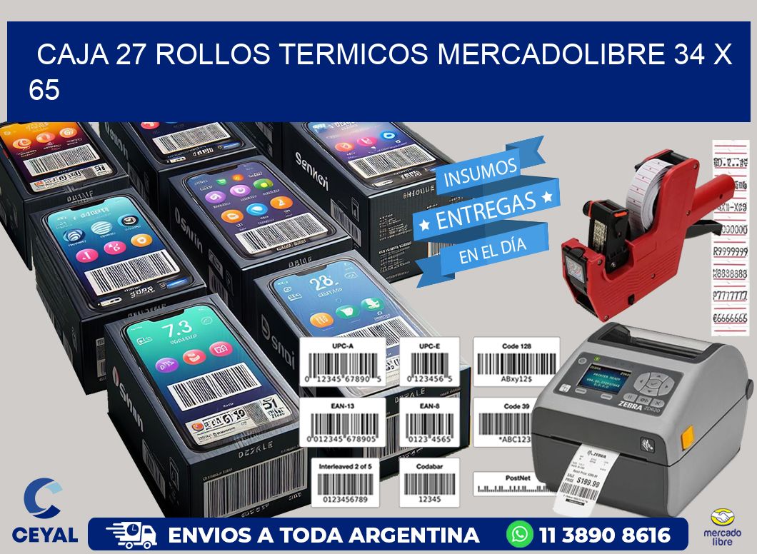CAJA 27 ROLLOS TERMICOS MERCADOLIBRE 34 x 65