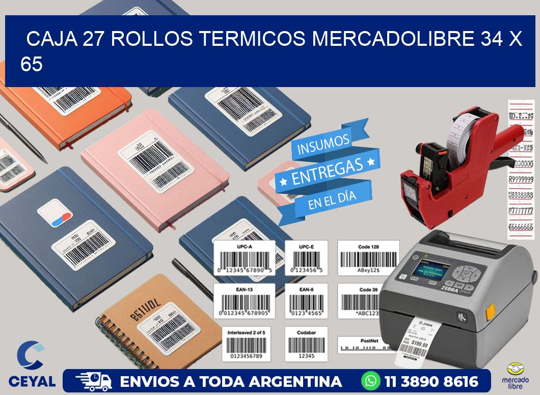 CAJA 27 ROLLOS TERMICOS MERCADOLIBRE 34 x 65