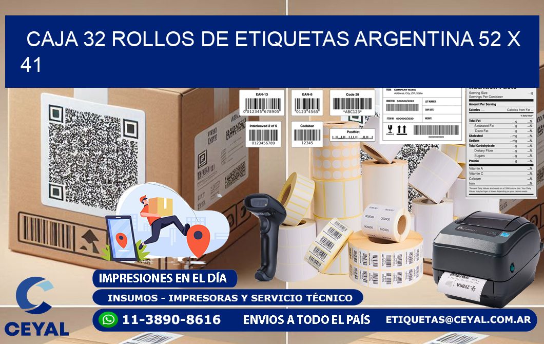 CAJA 32 ROLLOS DE ETIQUETAS ARGENTINA 52 x 41