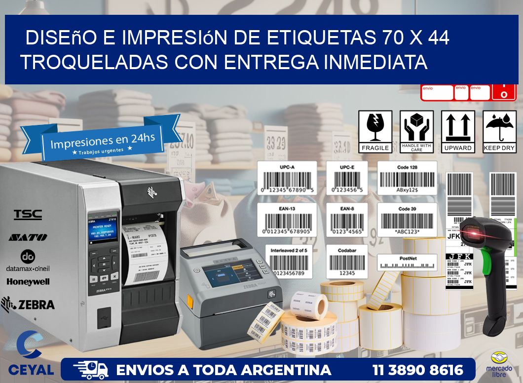 Diseño e impresión de etiquetas 70 x 44 troqueladas con entrega inmediata
