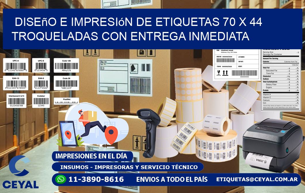 Diseño e impresión de etiquetas 70 x 44 troqueladas con entrega inmediata