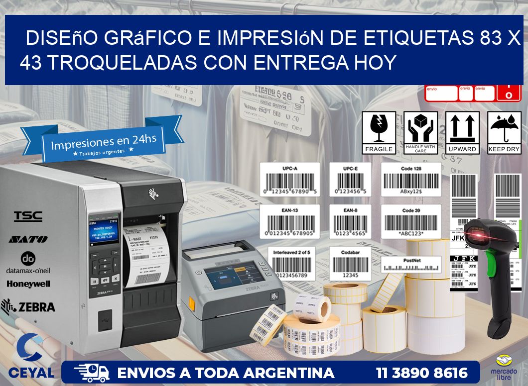 Diseño gráfico e impresión de etiquetas 83 x 43 troqueladas con entrega hoy