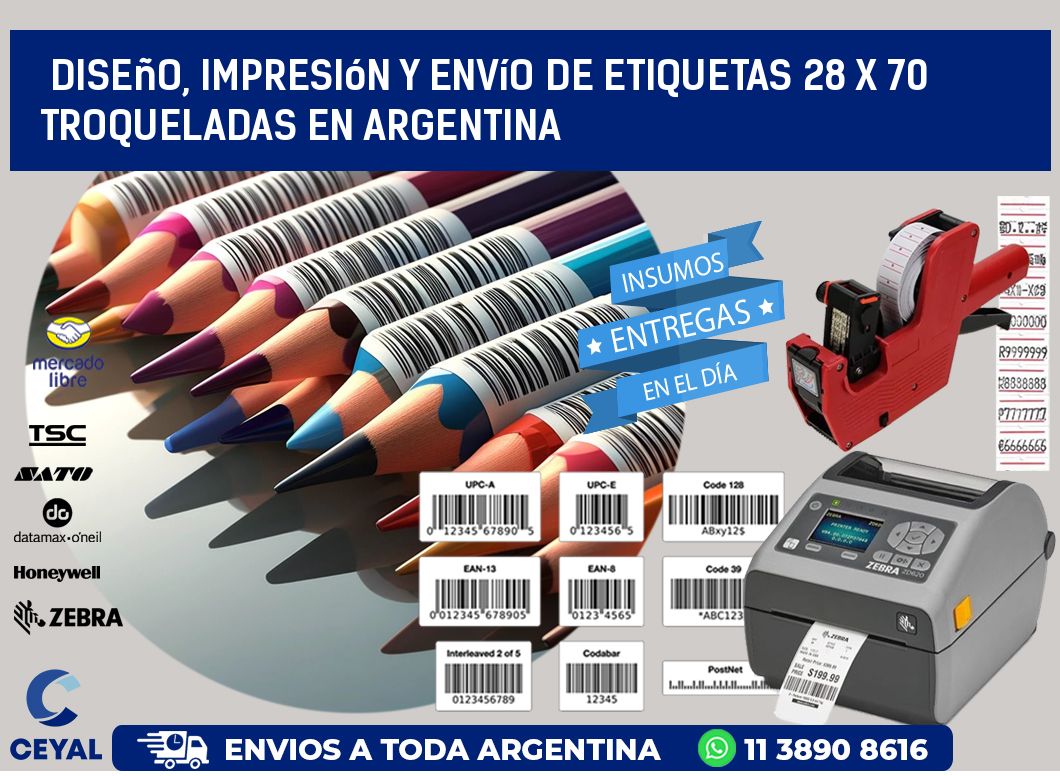 Diseño, impresión y envío de etiquetas 28 x 70 troqueladas en Argentina