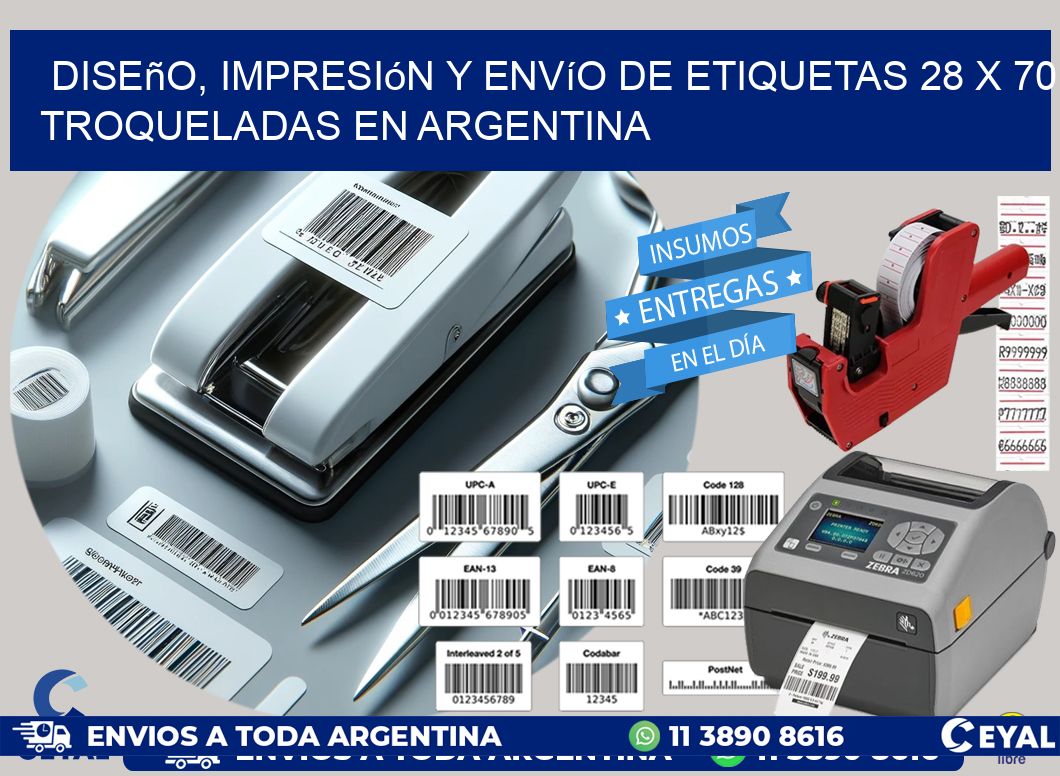 Diseño, impresión y envío de etiquetas 28 x 70 troqueladas en Argentina