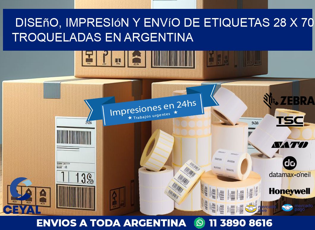 Diseño, impresión y envío de etiquetas 28 x 70 troqueladas en Argentina