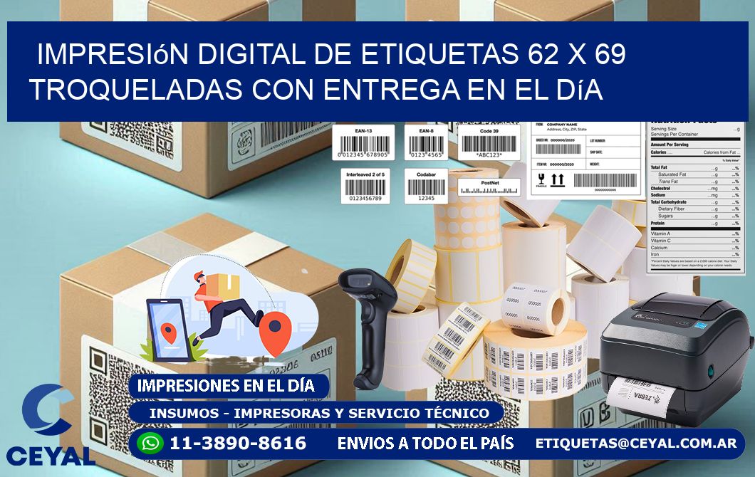 Impresión digital de etiquetas 62 x 69 troqueladas con entrega en el día