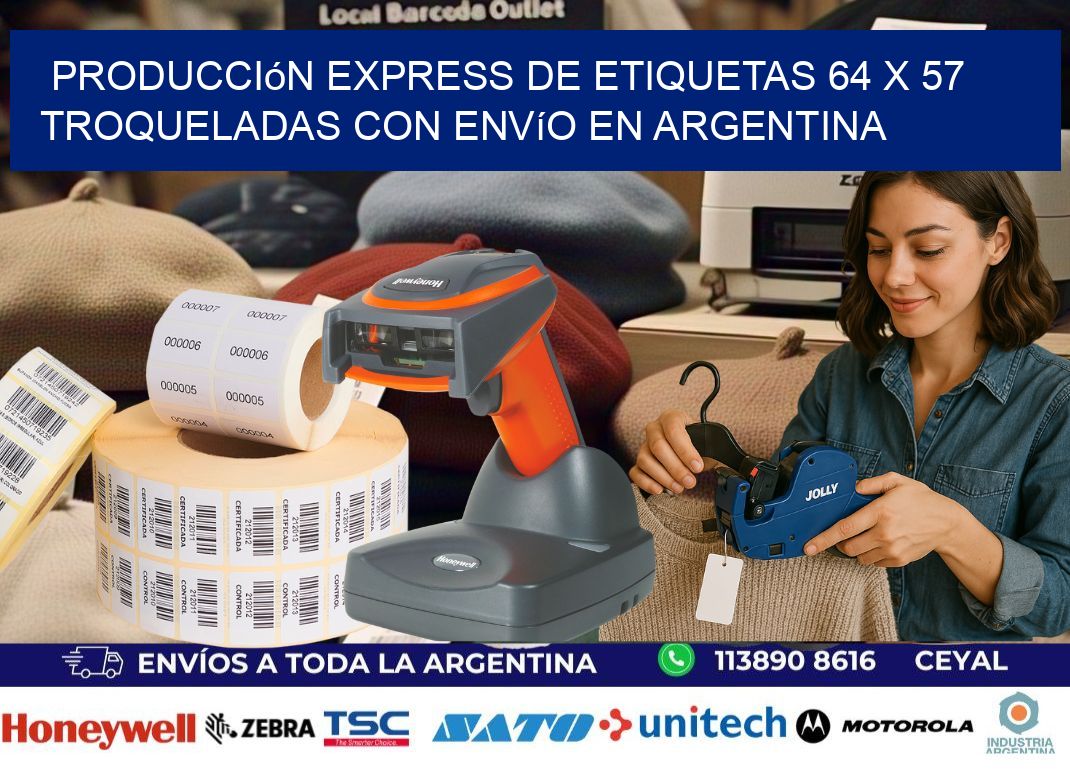 Producción express de etiquetas 64 x 57 troqueladas con envío en Argentina