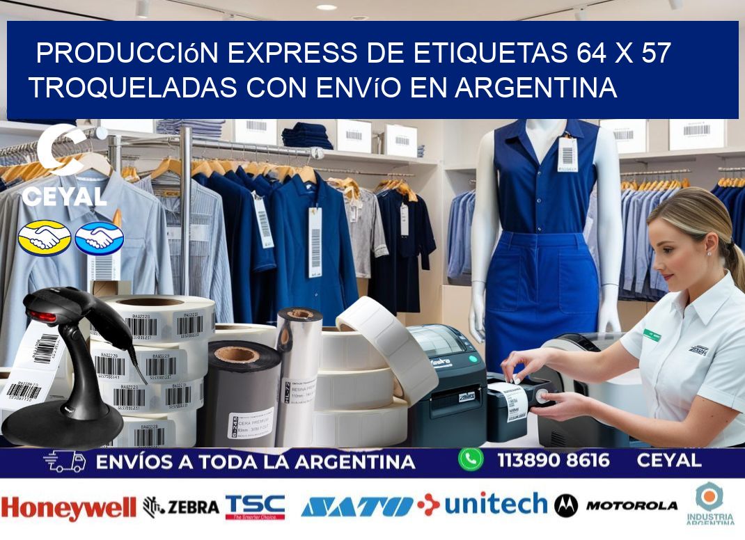 Producción express de etiquetas 64 x 57 troqueladas con envío en Argentina