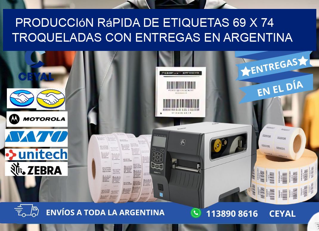 Producción rápida de etiquetas 69 x 74 troqueladas con entregas en Argentina