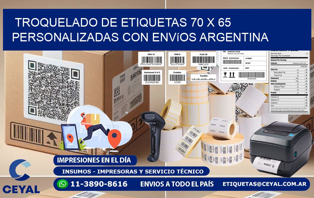 Troquelado de etiquetas 70 x 65 personalizadas con envíos Argentina