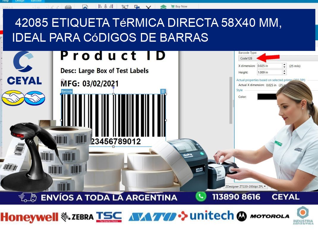 42085 Etiqueta Térmica Directa 58x40 mm, ideal para códigos de barras