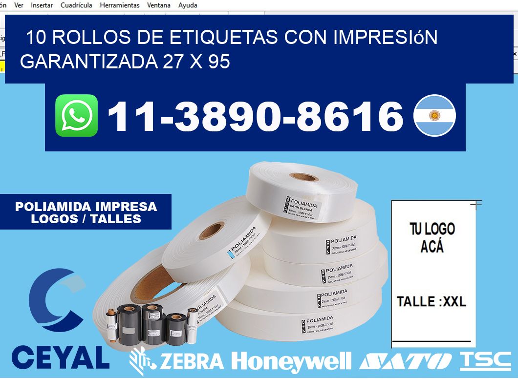 10 rollos de etiquetas con impresión garantizada 27 x 95