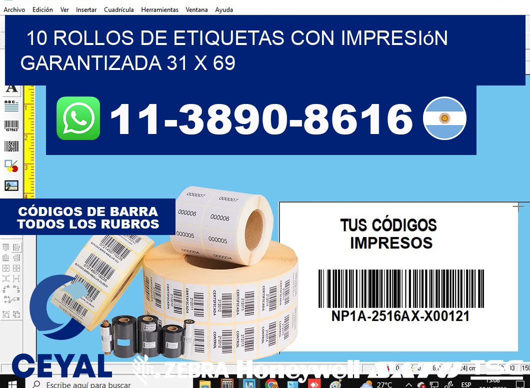 10 rollos de etiquetas con impresión garantizada 31 x 69