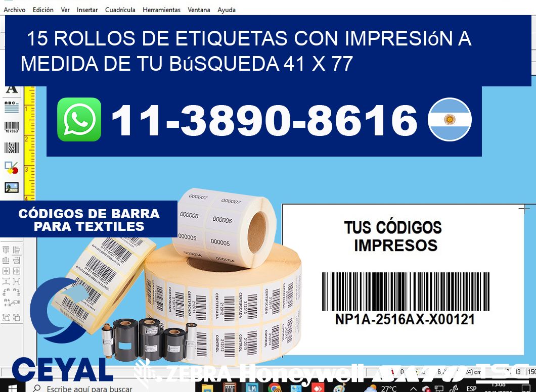 15 rollos de etiquetas con impresión a medida de tu búsqueda 41 x 77