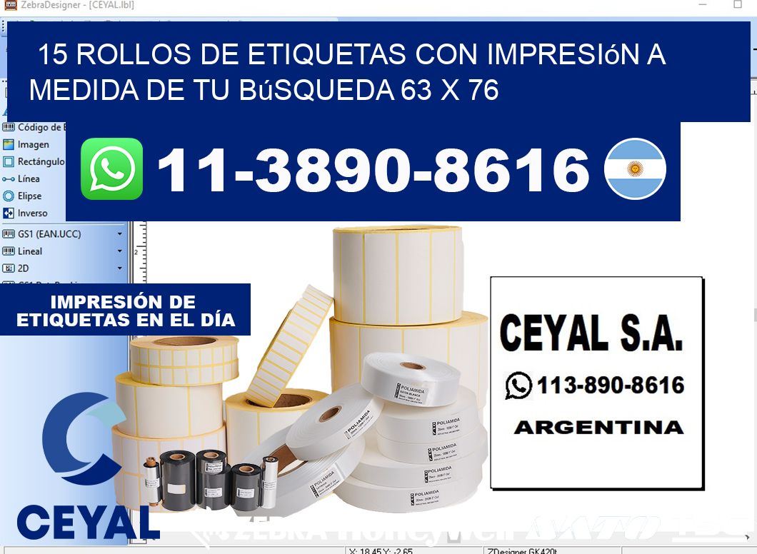 15 rollos de etiquetas con impresión a medida de tu búsqueda 63 x 76